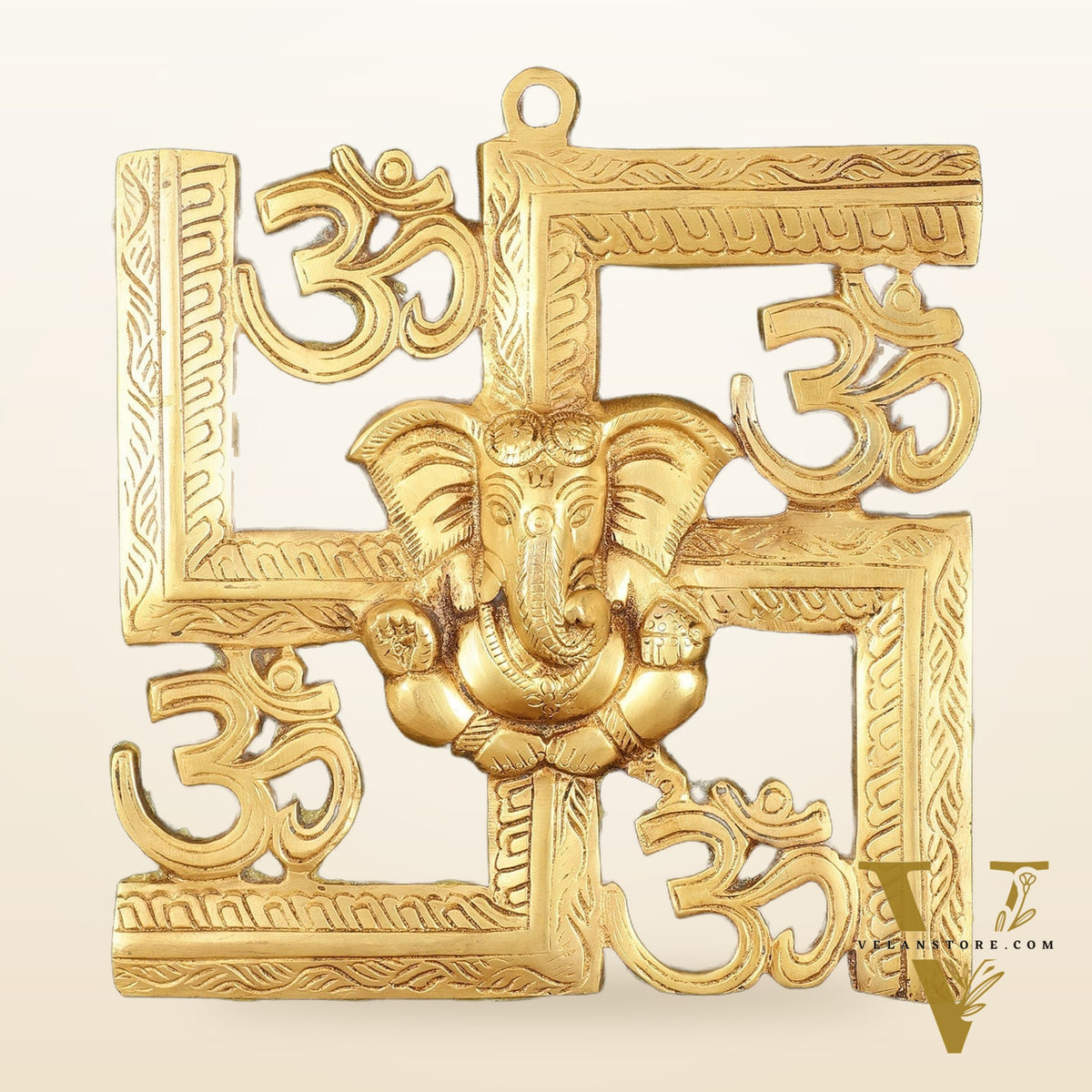 Pure Brass Swastik Ganesha Hanging on Wooden Frame with Premium Fabric - 16" x 16"