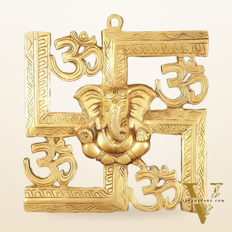Pure Brass Swastik Ganesha Hanging on Wooden Frame with Premium Fabric - 16" x 16"