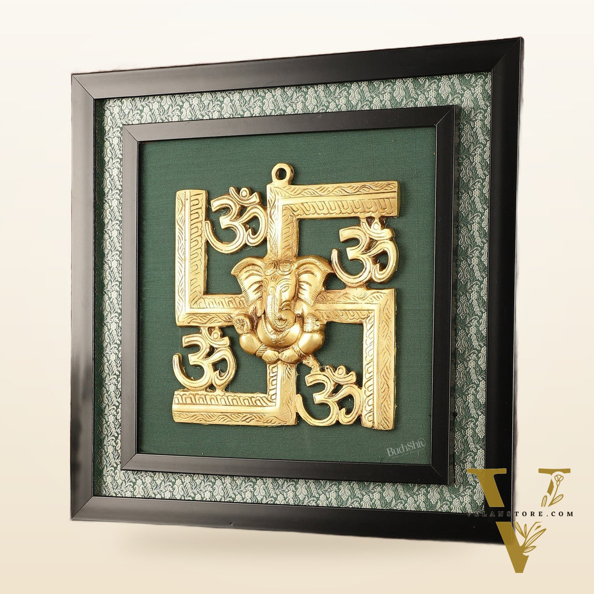 Pure Brass Swastik Ganesha Hanging on Wooden Frame with Premium Fabric - 16" x 16"