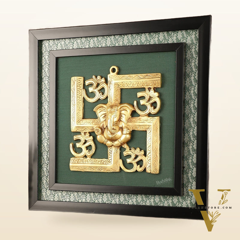 Pure Brass Swastik Ganesha Hanging on Wooden Frame with Premium Fabric - 16" x 16"