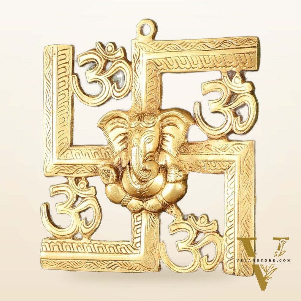 Pure Brass Swastik Ganesha Hanging on Wooden Frame with Premium Fabric - 16" x 16"