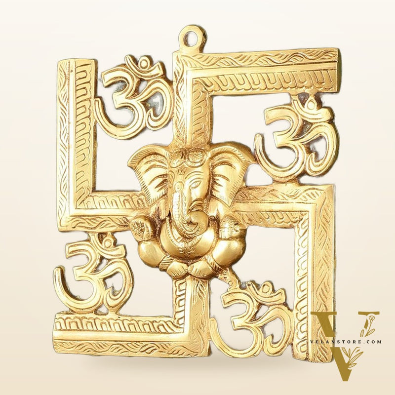 Pure Brass Swastik Ganesha Hanging on Wooden Frame with Premium Fabric - 16" x 16"