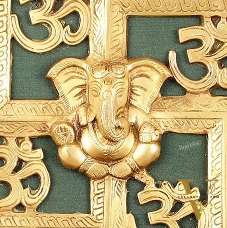 Pure Brass Swastik Ganesha Hanging on Wooden Frame with Premium Fabric - 16" x 16"