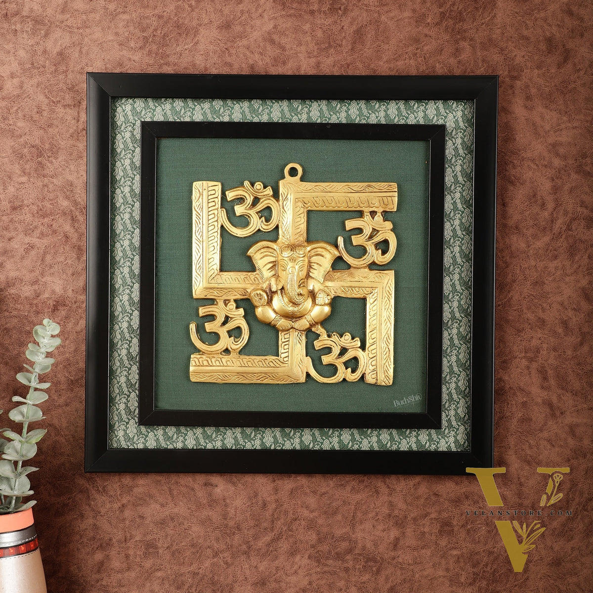 Pure Brass Swastik Ganesha Hanging on Wooden Frame with Premium Fabric - 16" x 16"