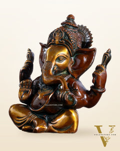 Pure brass Taj Ganesha Brass Statue with Vintage tone 6"