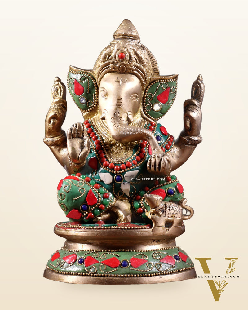 Pure Brass Taj Ganesha Statue with Round Base 7" with stonework