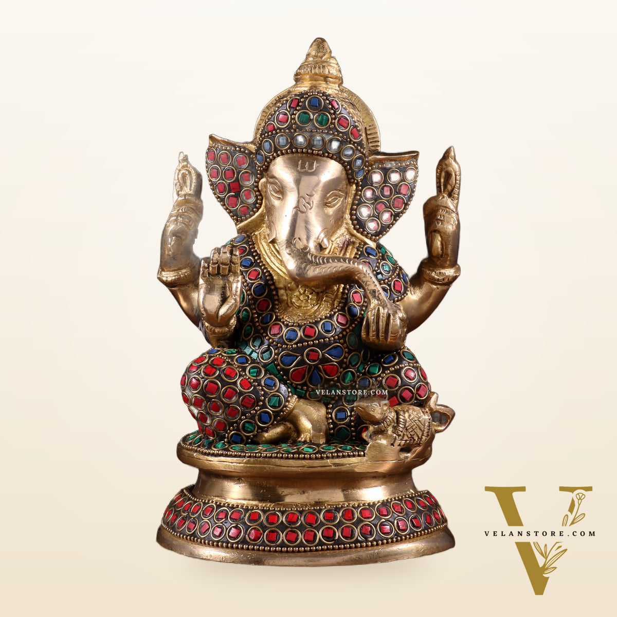 Pure Brass Taj Ganesha Statue with Round Base 7" with stonework