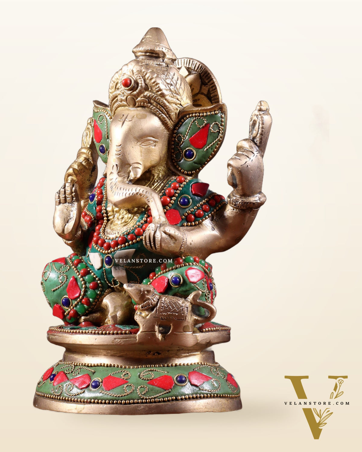 Pure Brass Taj Ganesha Statue with Round Base 7" with stonework