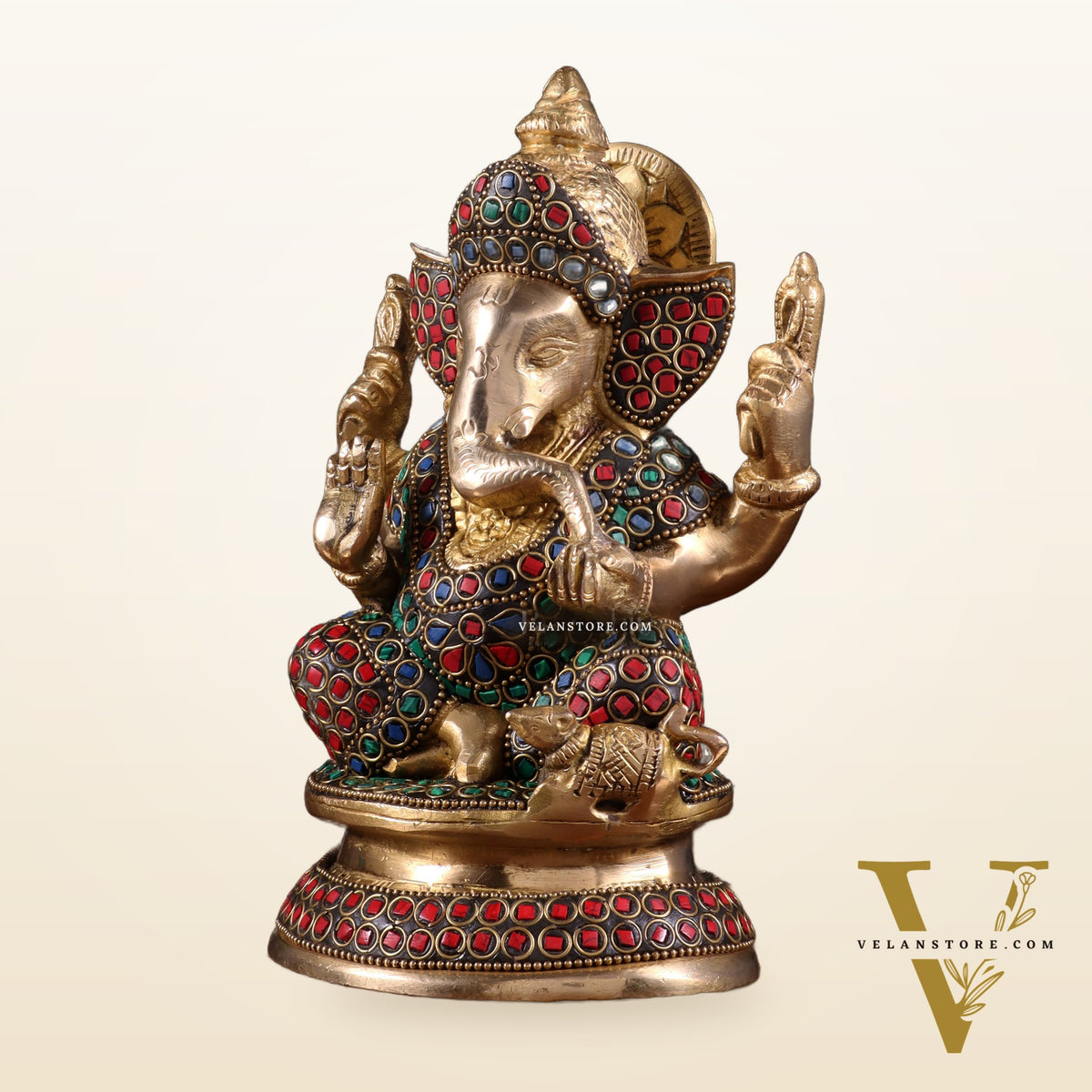 Pure Brass Taj Ganesha Statue with Round Base 7" with stonework