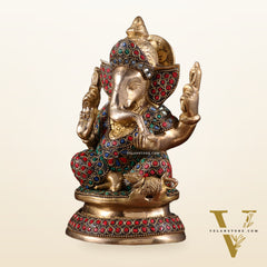 Pure Brass Taj Ganesha Statue with Round Base 7" with stonework