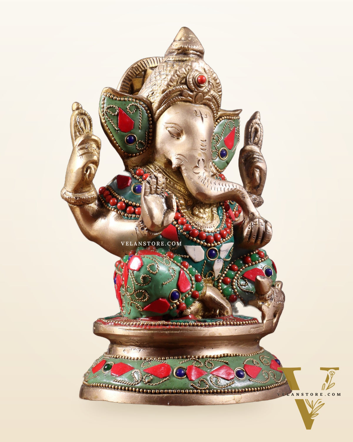 Pure Brass Taj Ganesha Statue with Round Base 7" with stonework