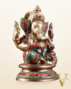 Pure Brass Taj Ganesha Statue with Round Base 7" with stonework