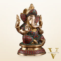 Pure Brass Taj Ganesha Statue with Round Base 7" with stonework