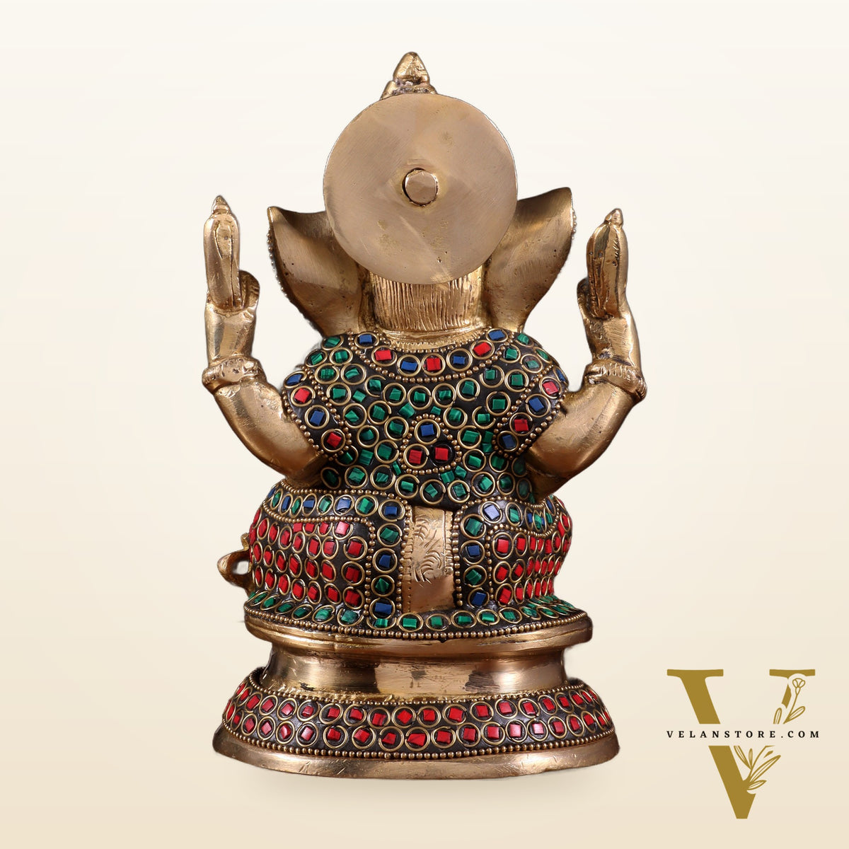Pure Brass Taj Ganesha Statue with Round Base 7" with stonework