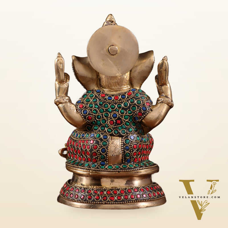 Pure Brass Taj Ganesha Statue with Round Base 7" with stonework