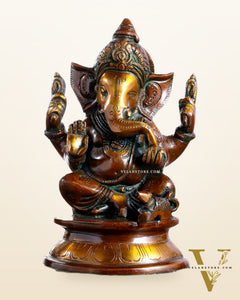 Pure Brass Taj Ganesha Statue with Round Base – Vintage Finish 7"