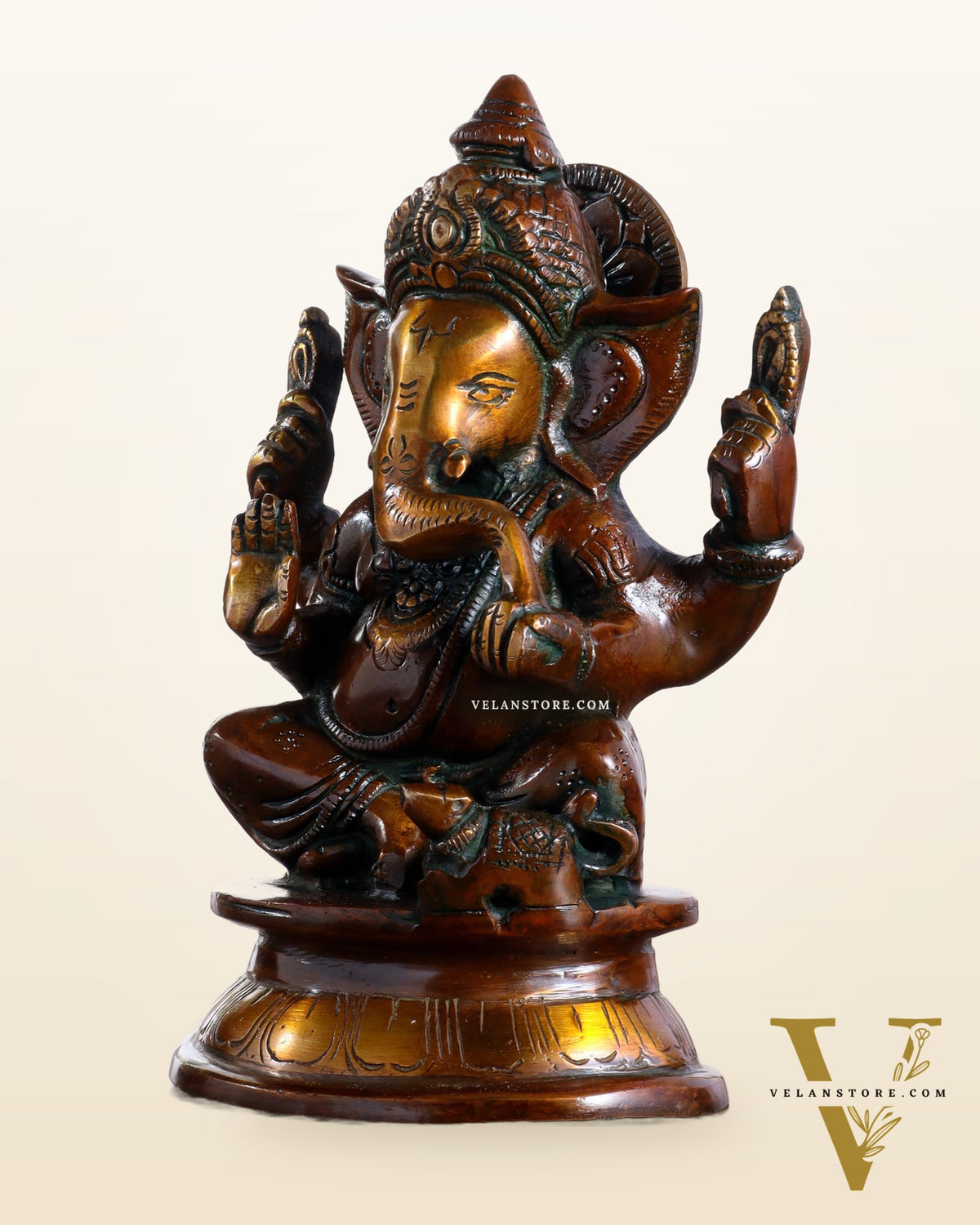Pure Brass Taj Ganesha Statue with Round Base – Vintage Finish 7"