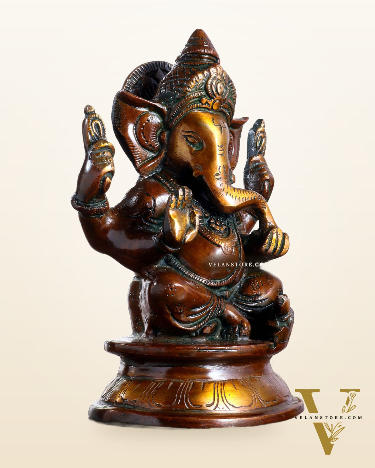 Pure Brass Taj Ganesha Statue with Round Base – Vintage Finish 7"