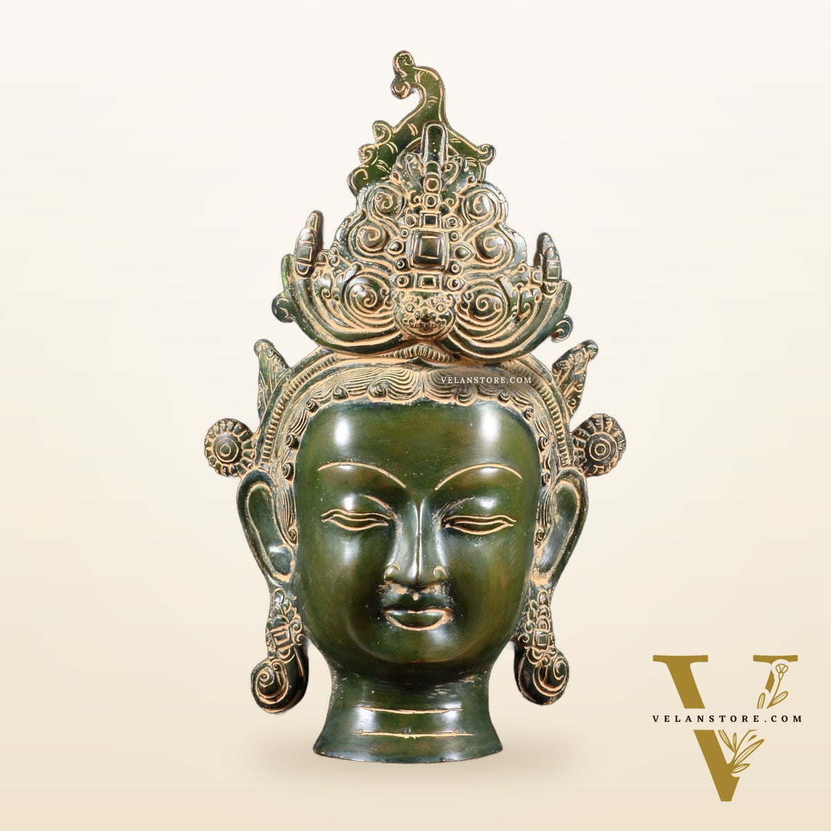 Pure Brass Tara Face Bust Statue – Vintage Green 12"