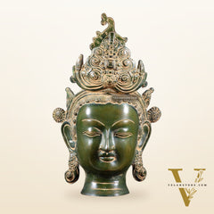 Pure Brass Tara Face Bust Statue – Vintage Green 12"