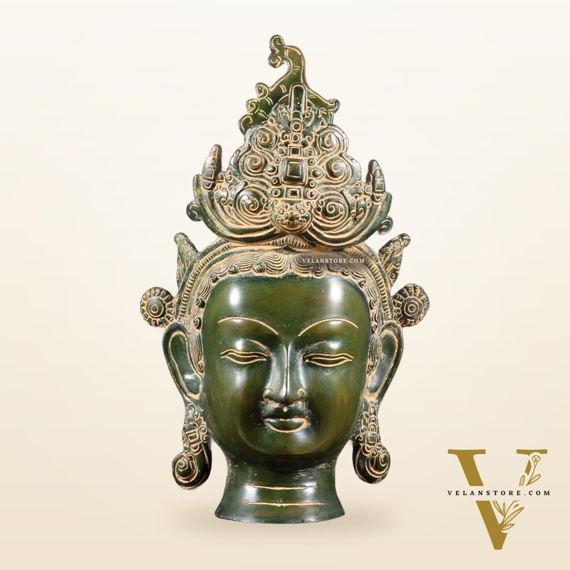 Pure Brass Tara Face Bust Statue – Vintage Green 12"