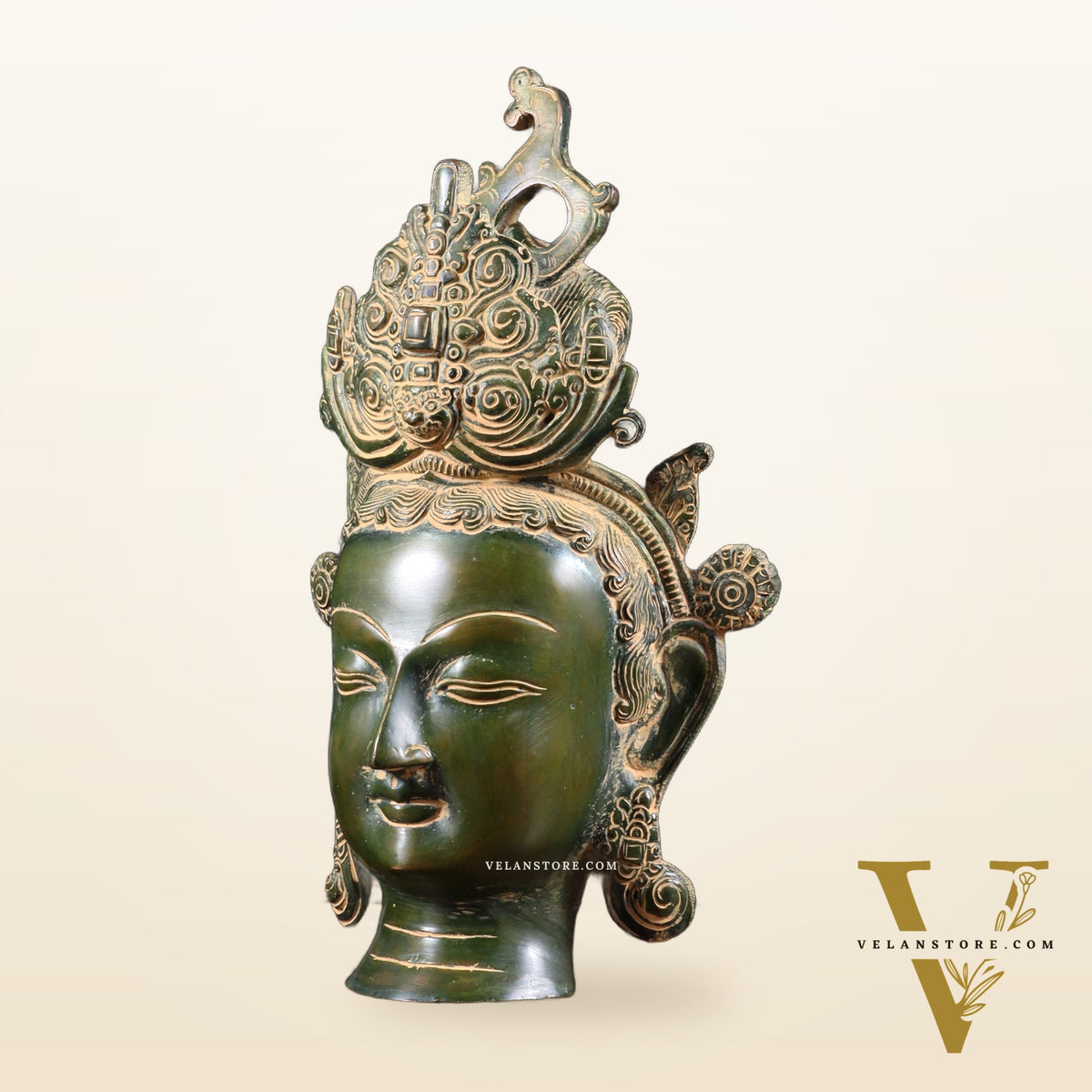 Pure Brass Tara Face Bust Statue – Vintage Green 12"