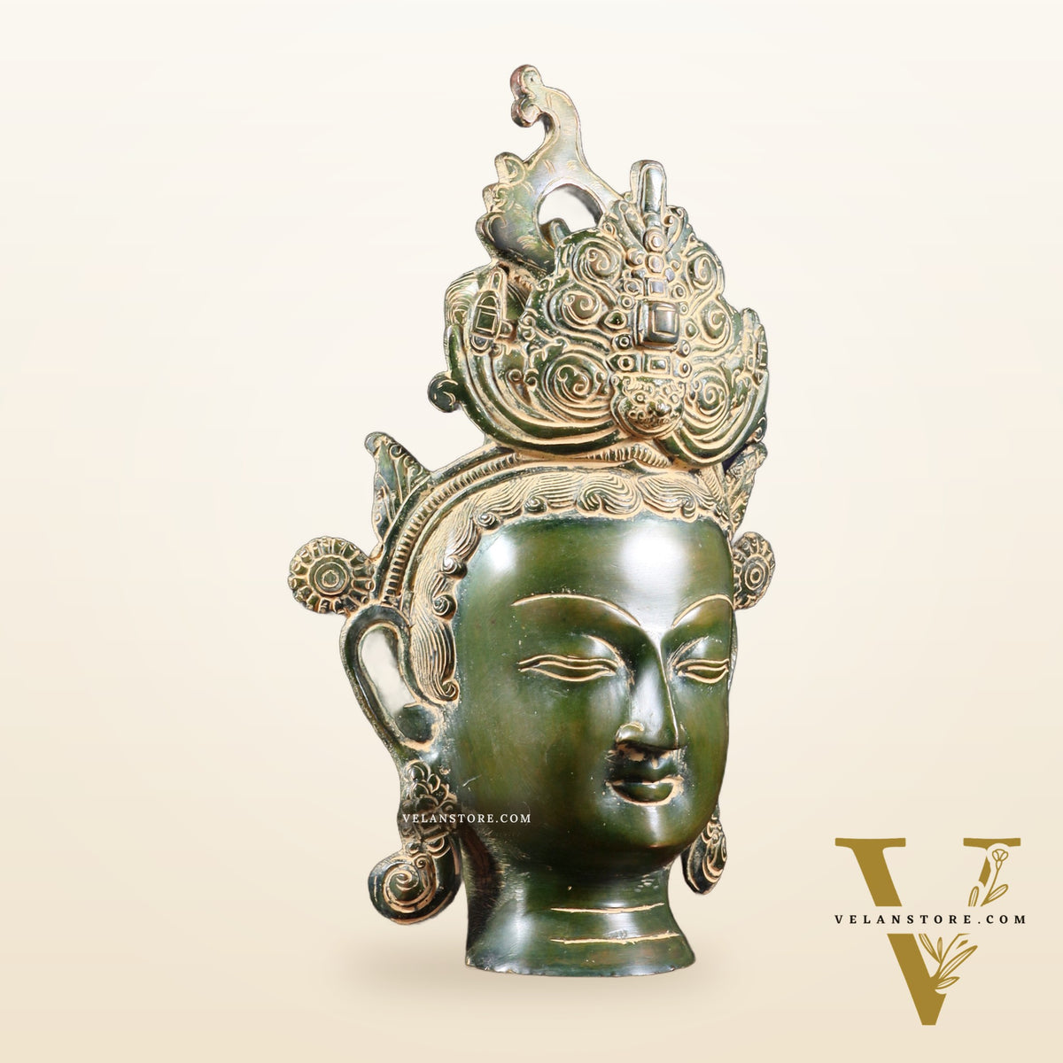 Pure Brass Tara Face Bust Statue – Vintage Green 12"