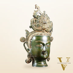 Pure Brass Tara Face Bust Statue – Vintage Green 12"