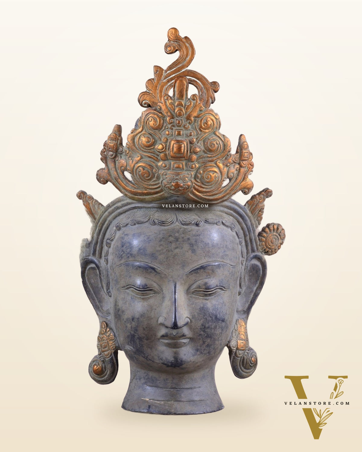 Pure Brass Tara Face Bust Statue – Vintage Sand Finish 12"