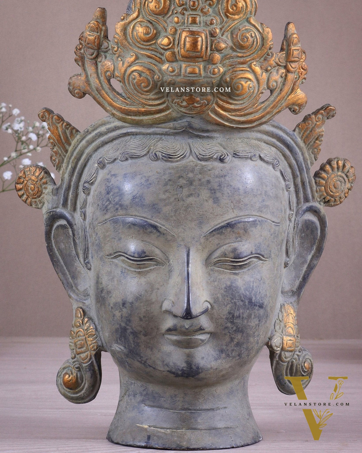 Pure Brass Tara Face Bust Statue – Vintage Sand Finish 12"