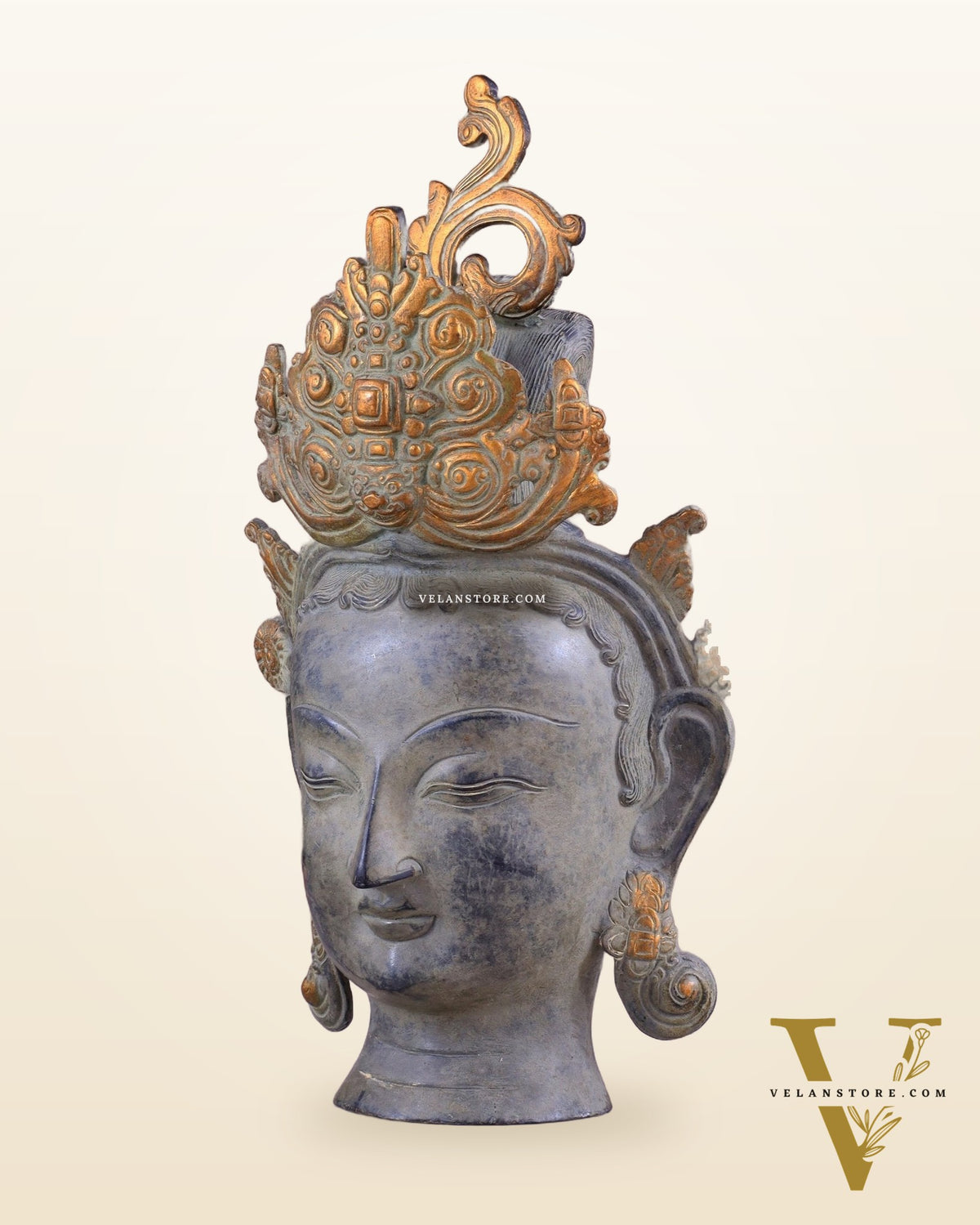 Pure Brass Tara Face Bust Statue – Vintage Sand Finish 12"