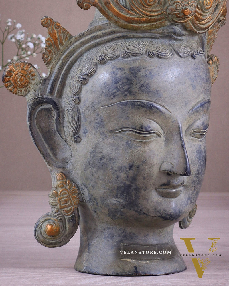 Pure Brass Tara Face Bust Statue – Vintage Sand Finish 12"