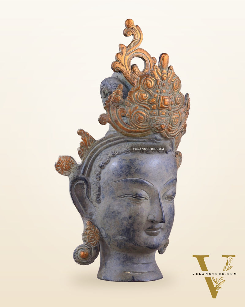 Pure Brass Tara Face Bust Statue – Vintage Sand Finish 12"