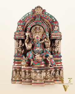 Pure Brass Temple Ganesha Idol with Lakshmi & Saraswati | Floral Stonework 18"