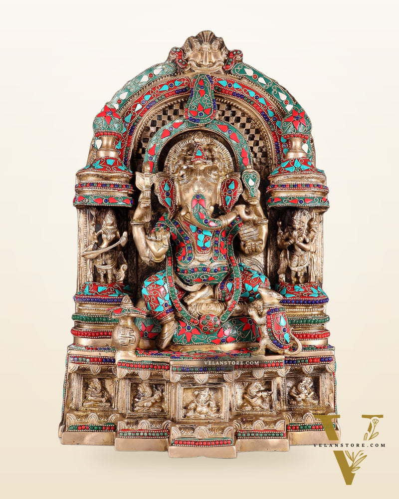 Pure Brass Temple Ganesha Idol with Lakshmi & Saraswati | Floral Stonework 18"