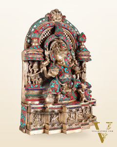 Pure Brass Temple Ganesha Idol with Lakshmi & Saraswati | Floral Stonework 18"