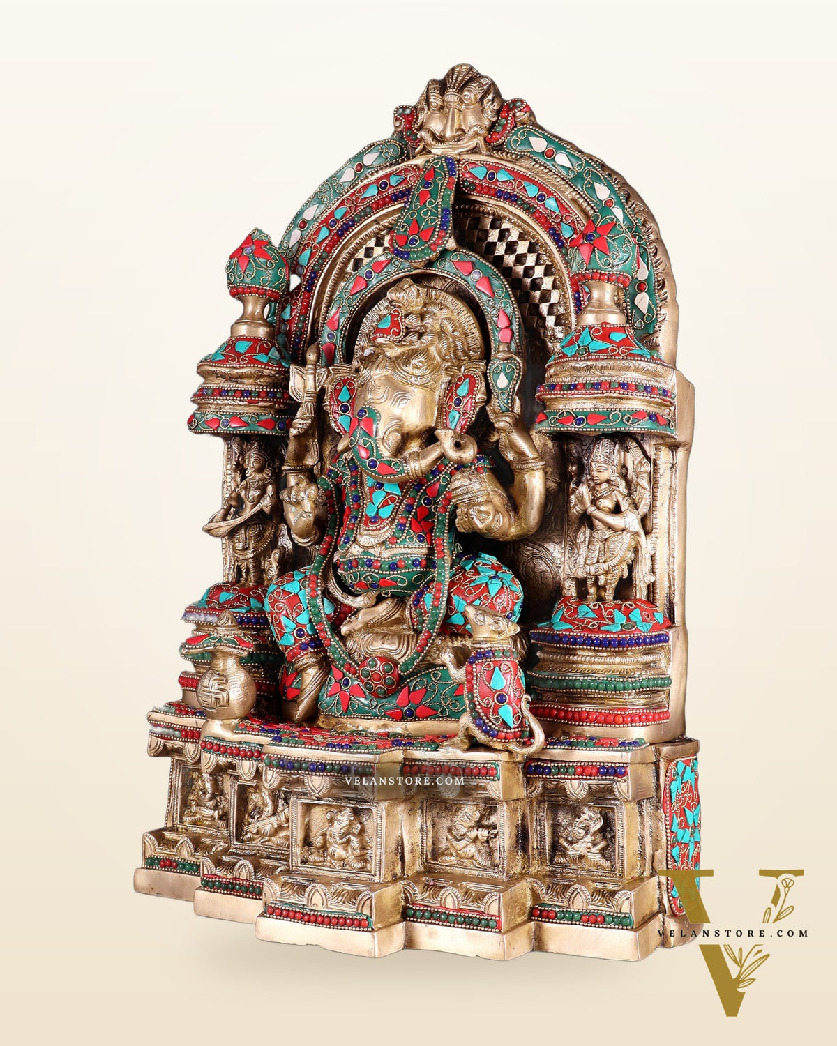 Pure Brass Temple Ganesha Idol with Lakshmi & Saraswati | Floral Stonework 18"