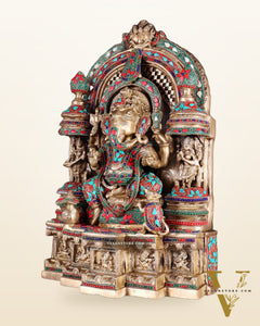Pure Brass Temple Ganesha Idol with Lakshmi & Saraswati | Floral Stonework 18"