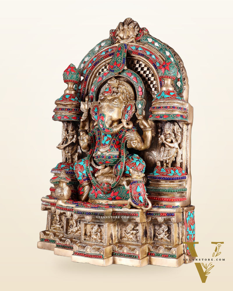 Pure Brass Temple Ganesha Idol with Lakshmi & Saraswati | Floral Stonework 18"