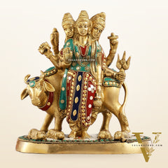 Pure Brass Three faced Dattatreya guru with a cow and four dogs