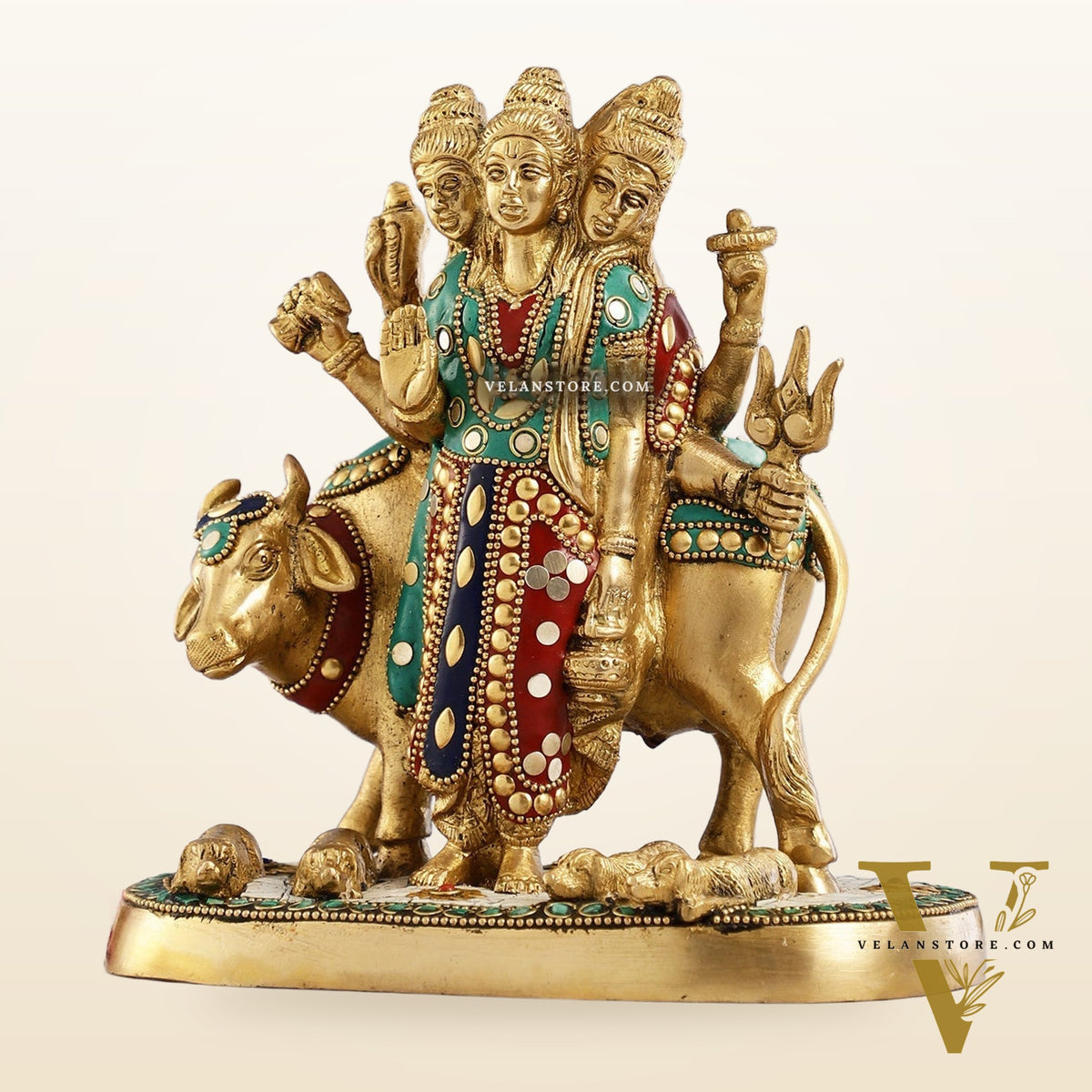 Pure Brass Three faced Dattatreya guru with a cow and four dogs