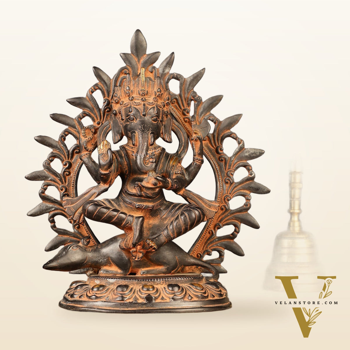 Pure Brass Tibetan Form of Ganapati Seated on Mouse Antique Patina 13"