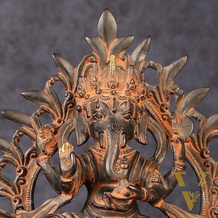 Pure Brass Tibetan Form of Ganapati Seated on Mouse Antique Patina 13"