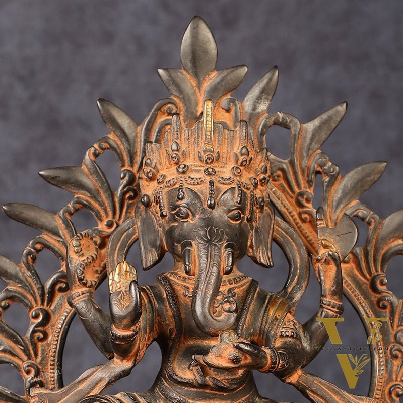 Pure Brass Tibetan Form of Ganapati Seated on Mouse Antique Patina 13"
