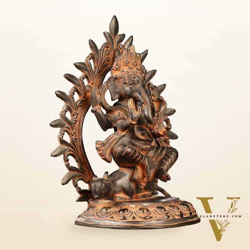Pure Brass Tibetan Form of Ganapati Seated on Mouse Antique Patina 13"