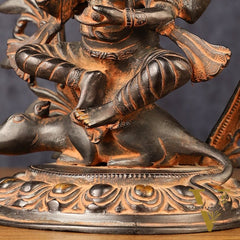Pure Brass Tibetan Form of Ganapati Seated on Mouse Antique Patina 13"