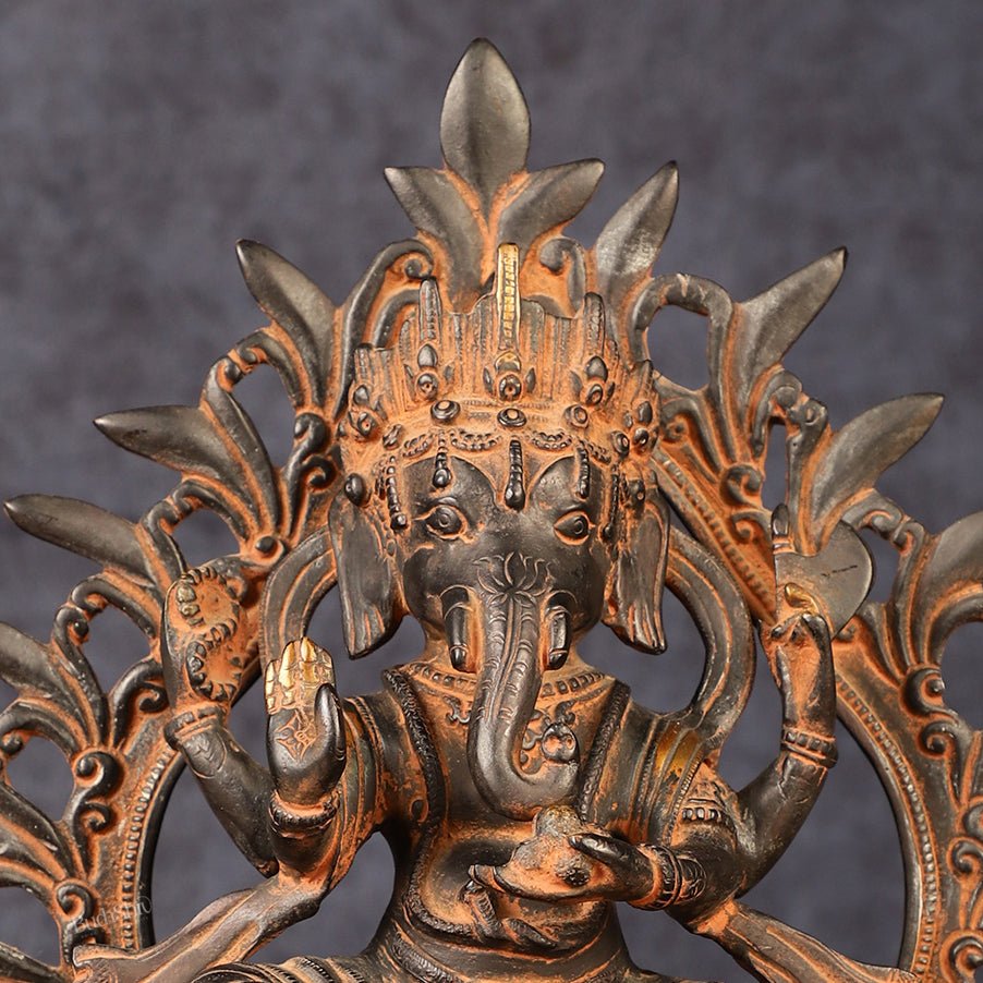 Pure Brass Tibetan Form of Ganapati Seated on Mouse Antique Patina 13"