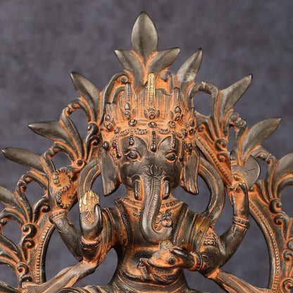 Pure Brass Tibetan Form of Ganapati Seated on Mouse Antique Patina 13"