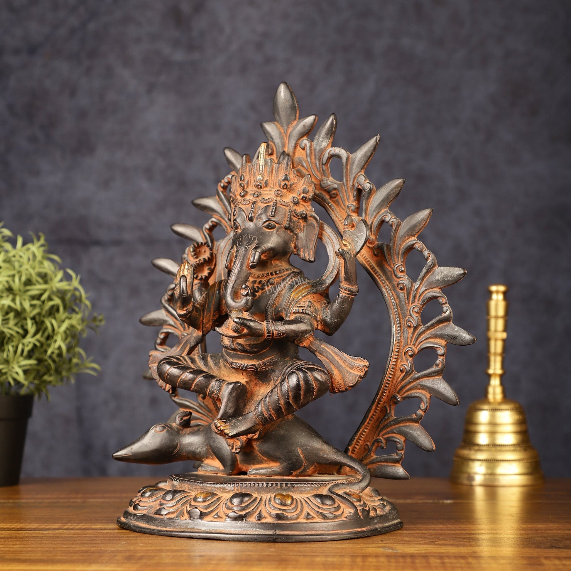 Pure Brass Tibetan Form of Ganapati Seated on Mouse Antique Patina 13"