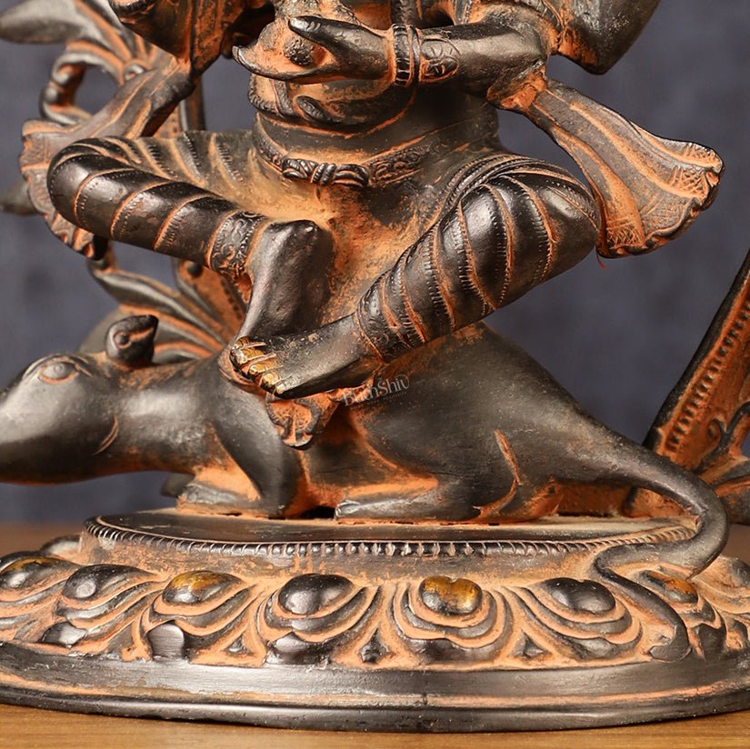 Pure Brass Tibetan Form of Ganapati Seated on Mouse Antique Patina 13"